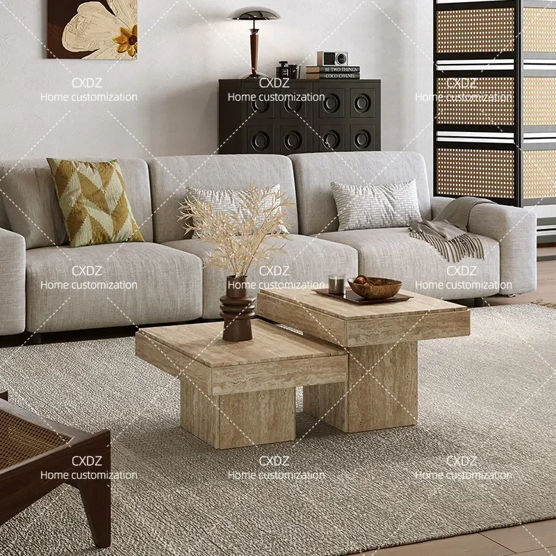 Natural Marble Coffee Table Square Travertine Tea Table Wabi Style Living Room Low Table for Cafe Home Furniture