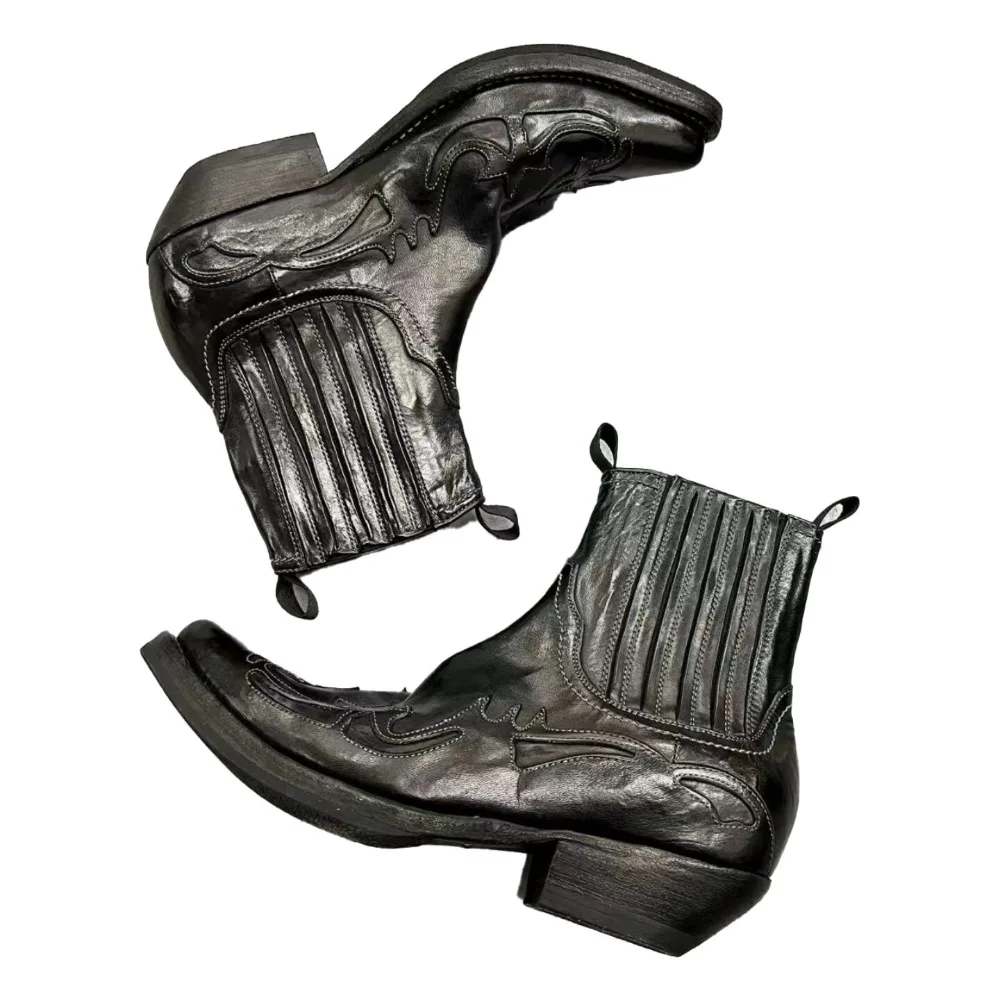 

Men's Fashion Embroidered Flame Totem Colorblocked Motorcycle Boots Pointed Toe Thick-Heel Mid-calf Western Chelsea Ankle Boots