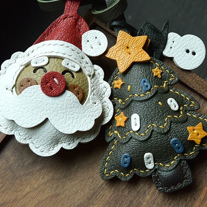 

Handmade Leather Christmas Tree Santa Claus Keychain Xmas Gift Cute Key Ring Bag Charm Gift