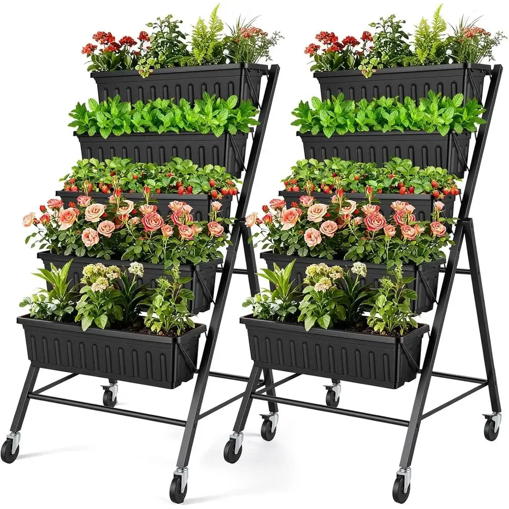5-Tier Elevated Garden Planter with Drainage, Lockable Wheels for Herbs and Vegetables Indoor/Outdoor (Black)