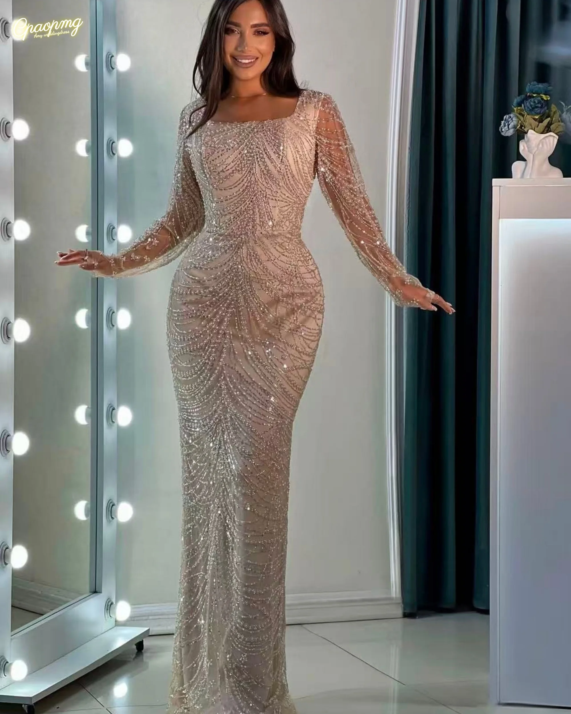 Customized Champagne Ivory Formal Square Collar Mermaid Evening Dress Long Sleeve Arabic Pearl Beaded Party Gowns Prom Dresses
