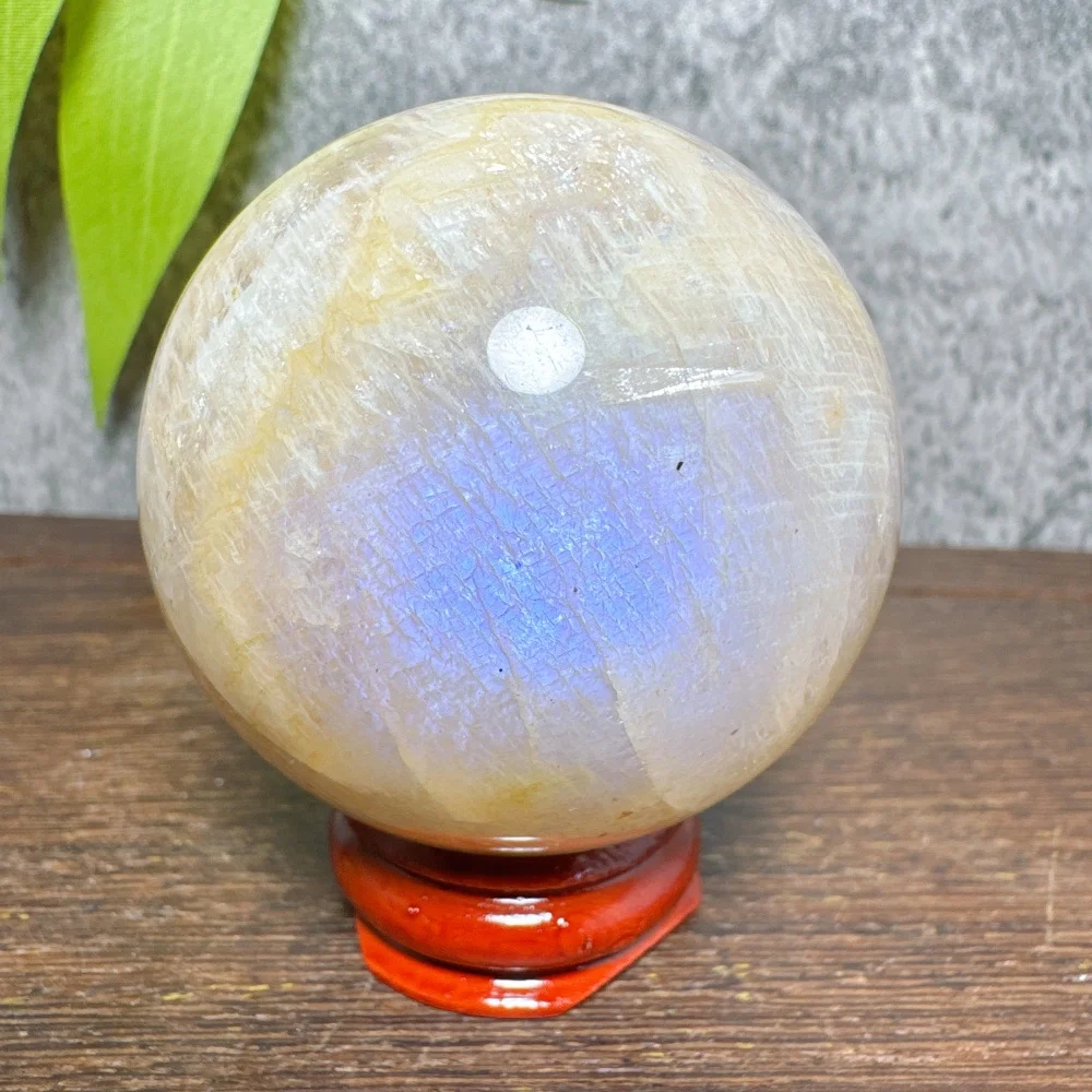 Blue Moonstone Crystal Sphere Natural Stone Quartz Reiki Healing Crystal Home Decor Garden Gift with Stand Luck & Love Energy