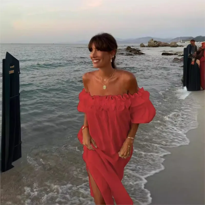 فستان نسائي صيفي من القطن والكتان لعام 2025 طويل أبيض قبالة الكتف فساتين بفتحة جانبية ملابس نسائية أنيقة غير رسمية عصرية