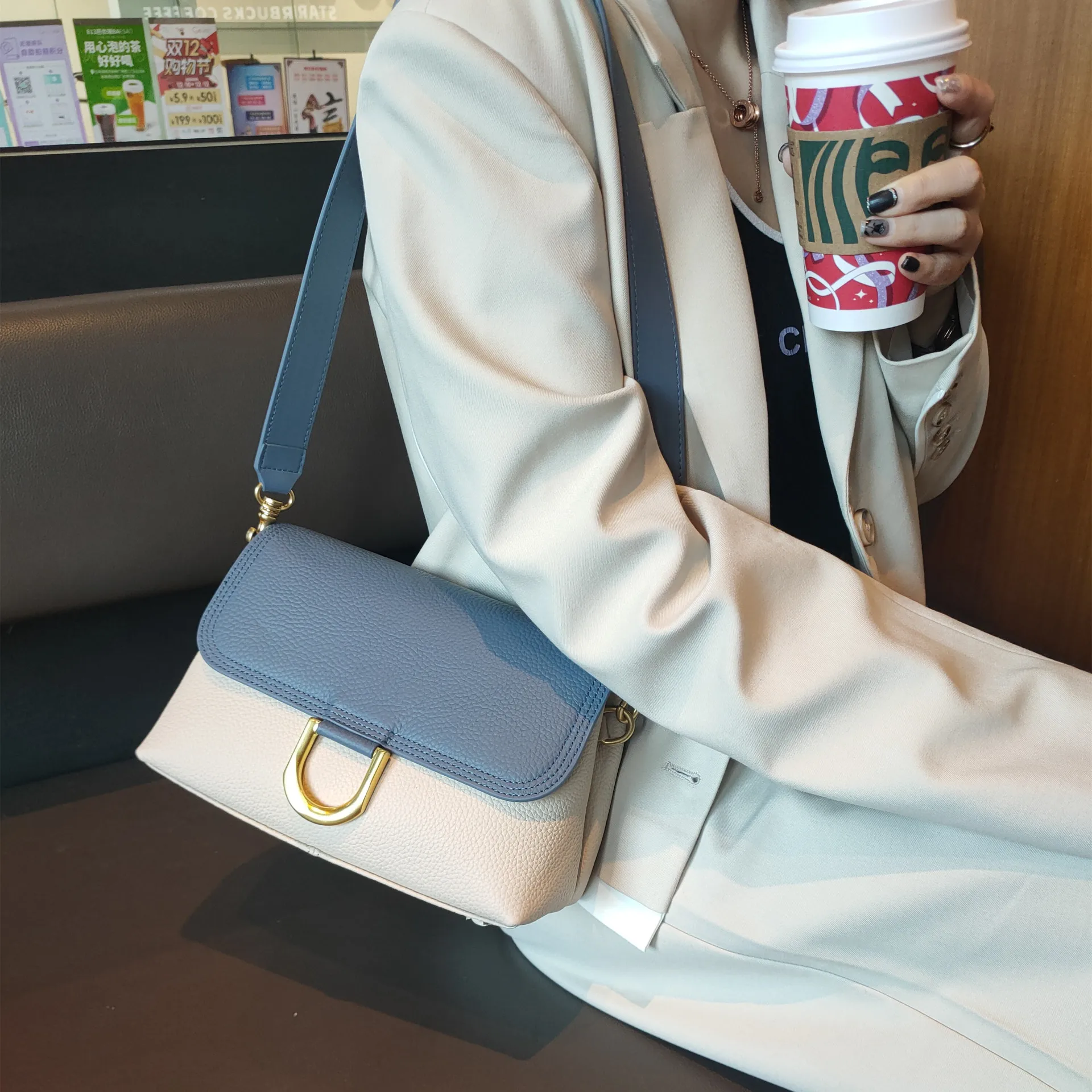 SHUCAInew bag women's messenger bag high-end niche design light luxury retro one-shoulder commuter bag cowhide bag