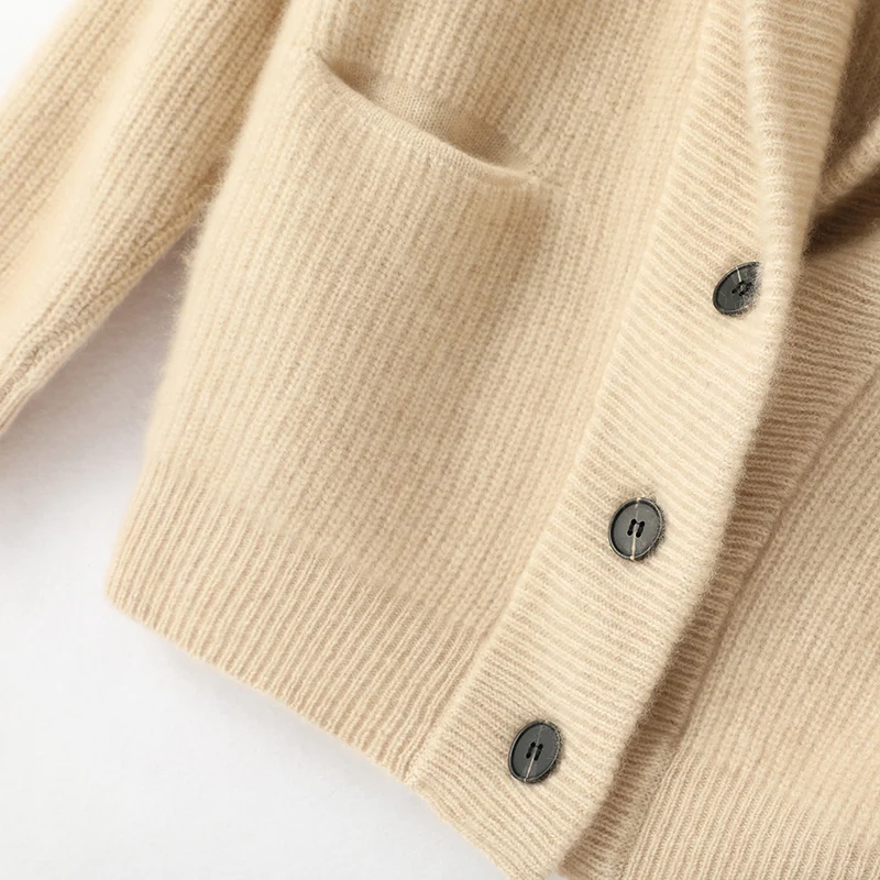 French Fashion Sweater Jacket For Women\'s Autumn Winter Long Sleeved Solid Color Thickened 100% Merino Wool Knitted Cardigan