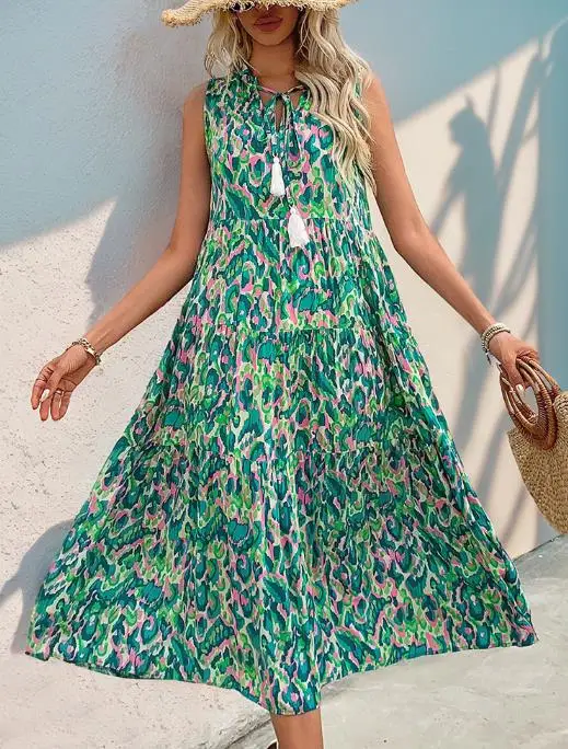 

2025 New Summer Vacation Style Sleeveless V-Neck Tassel Abstract Printed Dress
