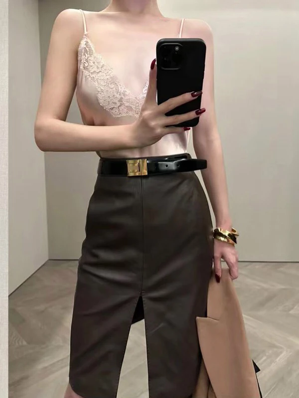 

Sexy V-Ne Lace Trim Slimming ort Inner Wear Top Winter Simple Ice Sensation Satin Strap Vest Women's Faion Inner Match