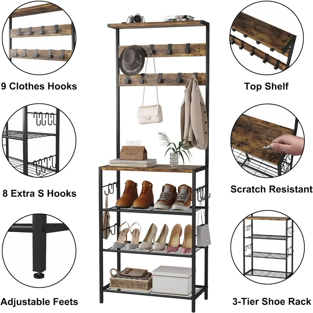 HOMEFORT Coat Rack with Shoe Storage, 5-Tier Shoe and Coat Rack with 9 Clothes Hooks, Freestanding Hall Tree Organizer