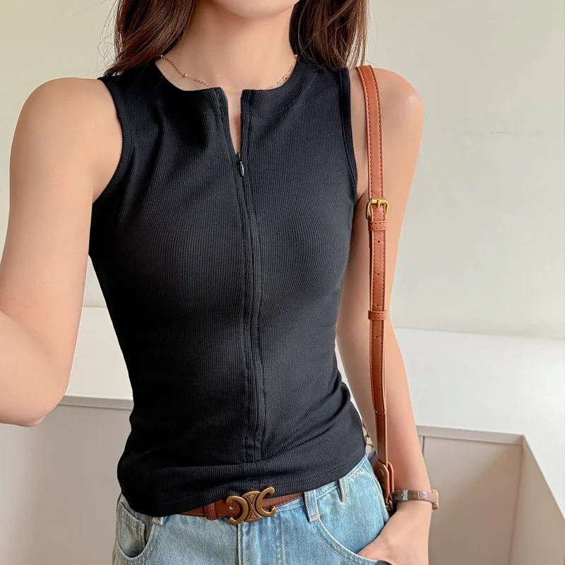 Summer Threaded Cotton Design Sense Zipper Base Sling Vest Women's Inner Cover Breast Versatile Crew Neck Sleeveless Top