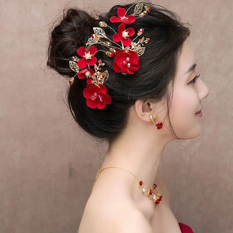 1Pc Red Pearl Crystal Women Hair Combs Headdress Bride Tiaras Headpiece Hair Jewelry Wedding Bridal Hair Accessories FORSEVEN