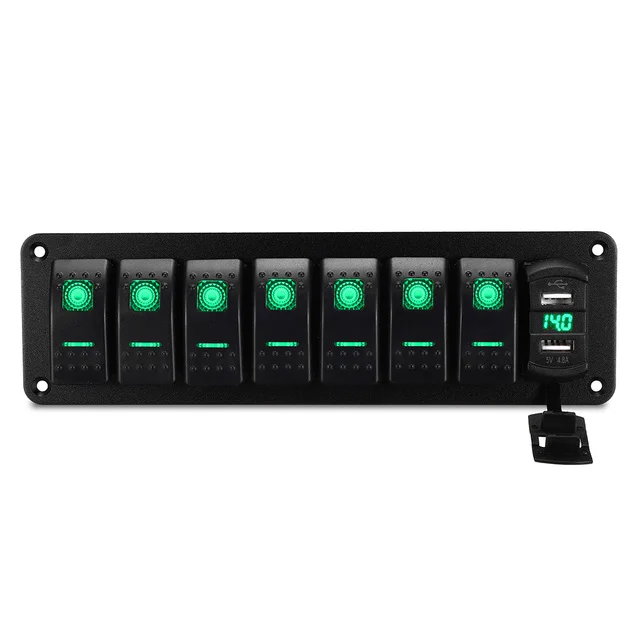 

Green LED Marine Boat Rocker Switch Panel 8 Gang Rocker Switch Panel Kit 12V/24V Circuit Breaker Dual USB Slots Light