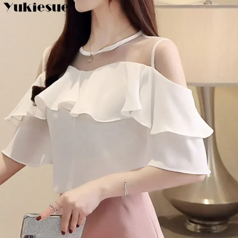 Blusa blanca de gasa de manga corta para verano, camisa con hombros descubiertos, para mujer