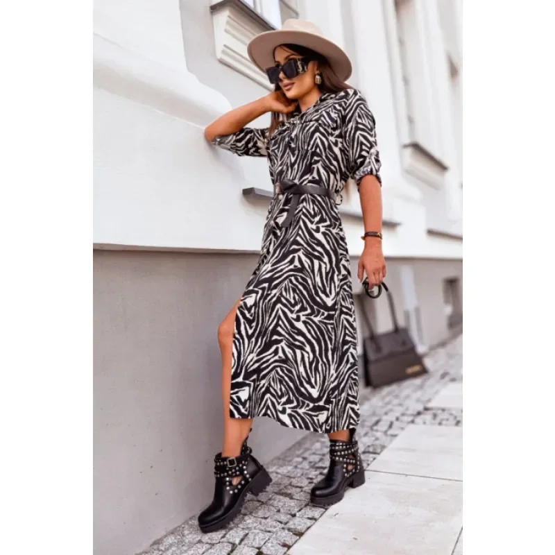 Neue Damenmode Mittellanges Hemdkleid mit Leopardenmuster Damen Herbst Lässiges, vollärmeliges, knielanges Kleid