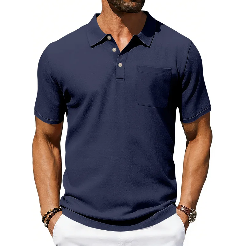 Polo de hombre con solapa, camiseta de lino de verano casual de manga corta con bolsillo, top holgado de estilo europeo y americano transfronterizo