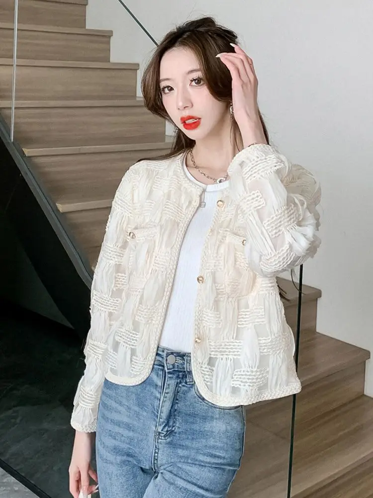 Woven Chiffon Women\'s Short Jacket 2023 Summer And Autumn New Round Neck Long Sleeve Thin Sunscreen Coat