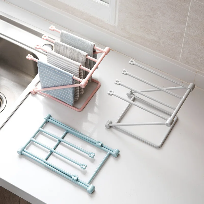 Toallero de cocina plegable, estante de almacenamiento de plástico para trapos, estante de drenaje Vertical para platos de escritorio, suministros de cocina multifunción
