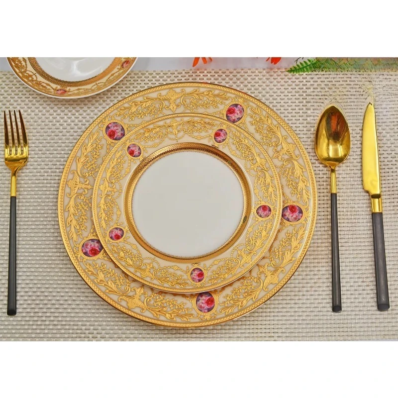 24pcs Flower Pattern Bone China Porcelain Dinnerware Set Dinner Plate Dish Sets Ceramic Embossed Gold for 6 People Hotel