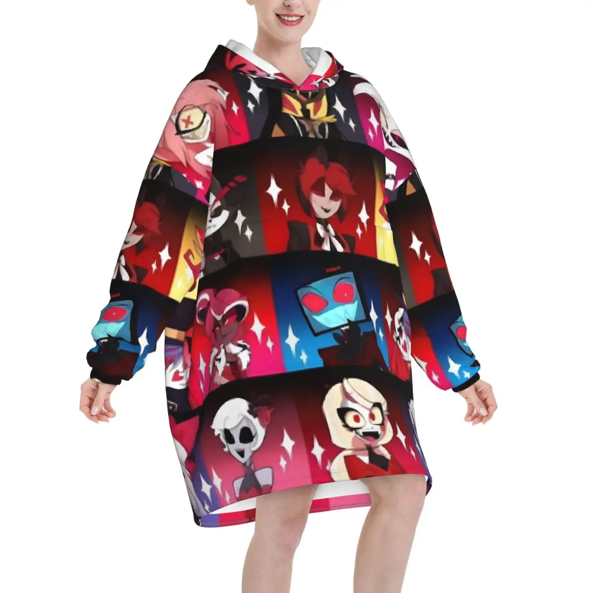 Hazbin hotéis aventuras cobertor com capuz oversized wearable engraçado tv moletom cobertor presentes quentes para mulheres meninas namorada