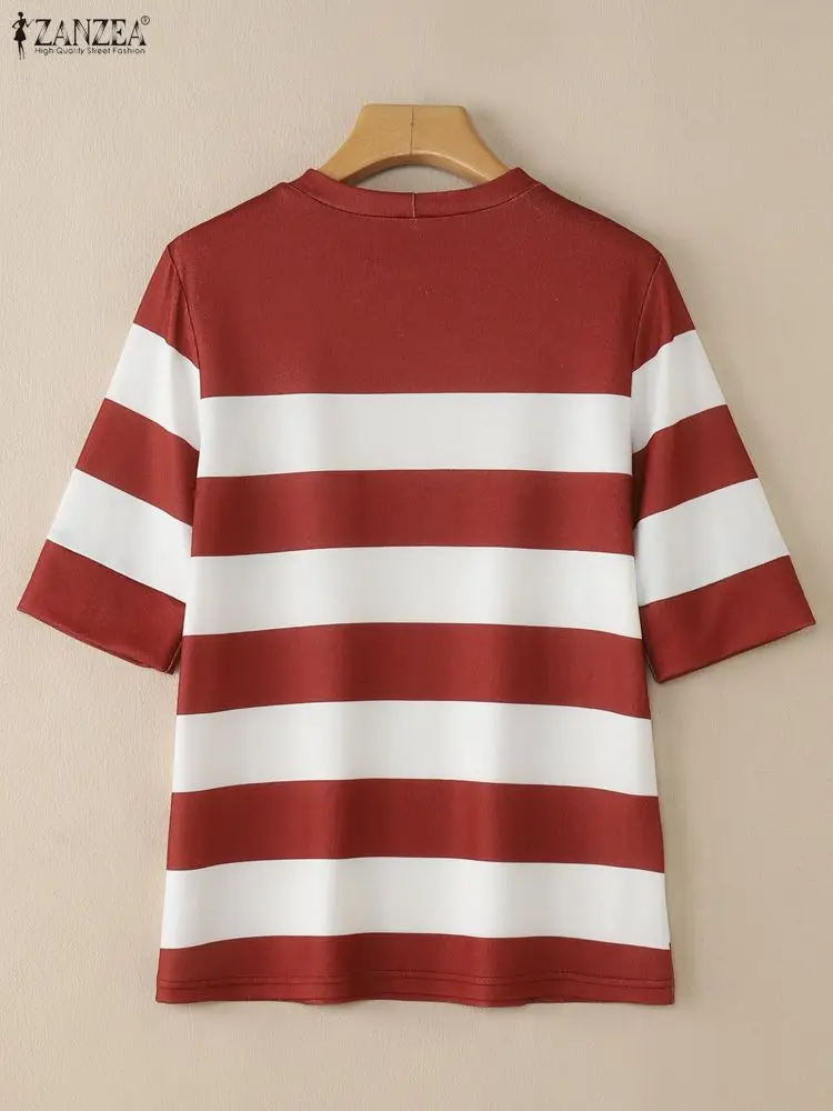 ZANZEA المرأة مخطط التباين اللون البلوزات عادية س الرقبة نصف كم أزرار تي شيرت الخريف الكورية موضة ملابس امرأة 3XL #3