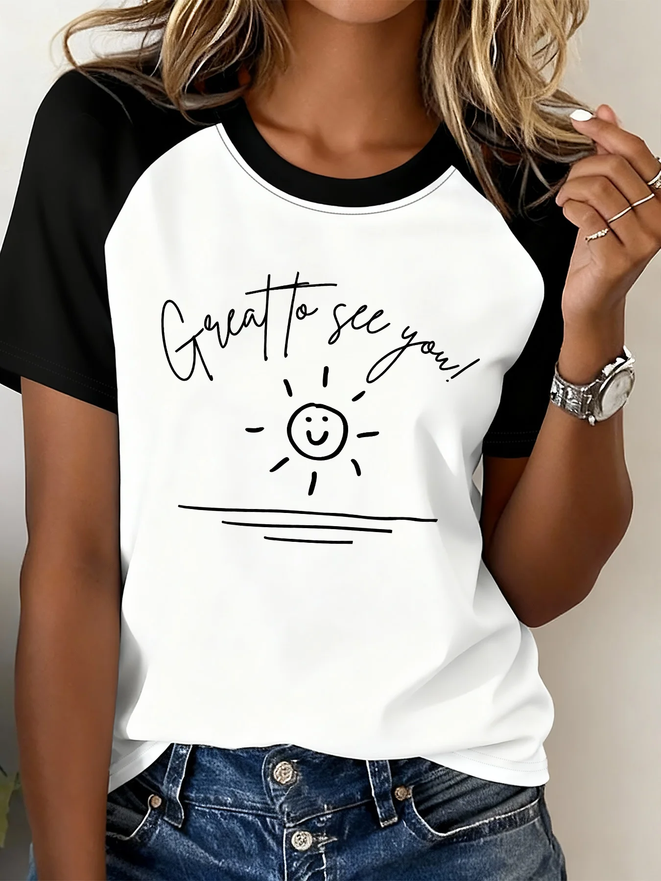 Fun Sun Smiling Face and Letter Print Round Neck Raglan Short Sleeve T Shirt Women's Fashion Casual T-Shirt 90s Tops Clothes Y2k