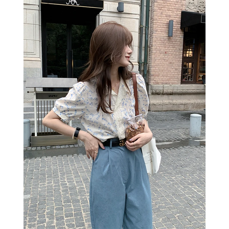

Sweet Summer Blue Floral Print ort Sve Women's irt Chiffon Top Splice Lace Trim Blouse Gentle Breeze Sle Regular Length