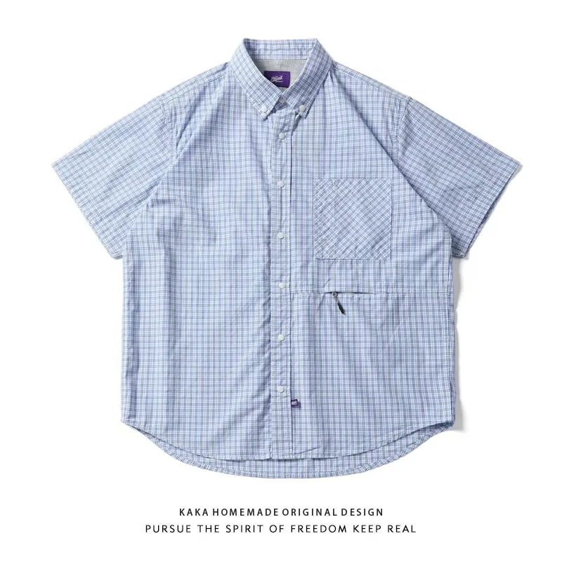 

Рубашка в стиле ретро-японского кэжуала с фиолетовой этикеткой, молодежная, модная, с множеством карманов, в клетку, с коротким рукавом, свободного кроя, в стиле Cityboy