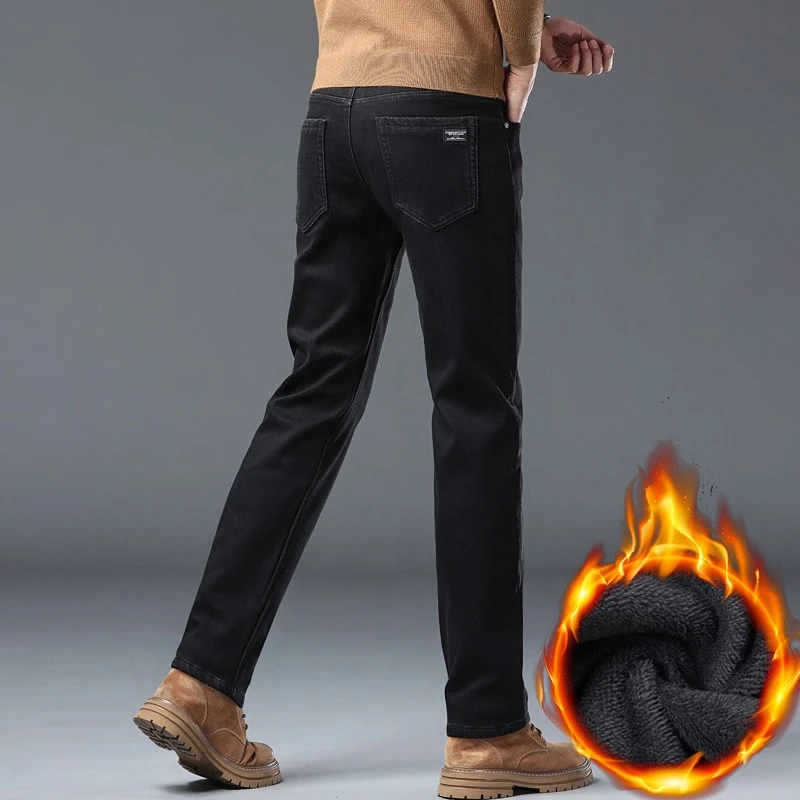 Men's Winter Classic Business Casual Black Work Pants Stretch Fleece Jeans Thickened Warm Loose Straight Velvet Denim Trousers
