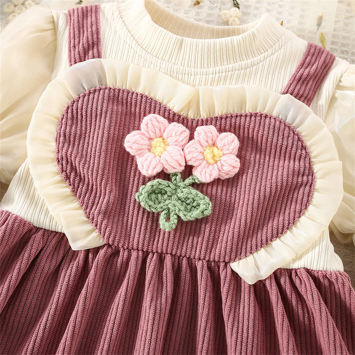 Autumn Baby Girls Long Sleeve Dress Spring Knitted Flower O Collar Fake Two Piece Princess Dresses Toddler Kids Clothes