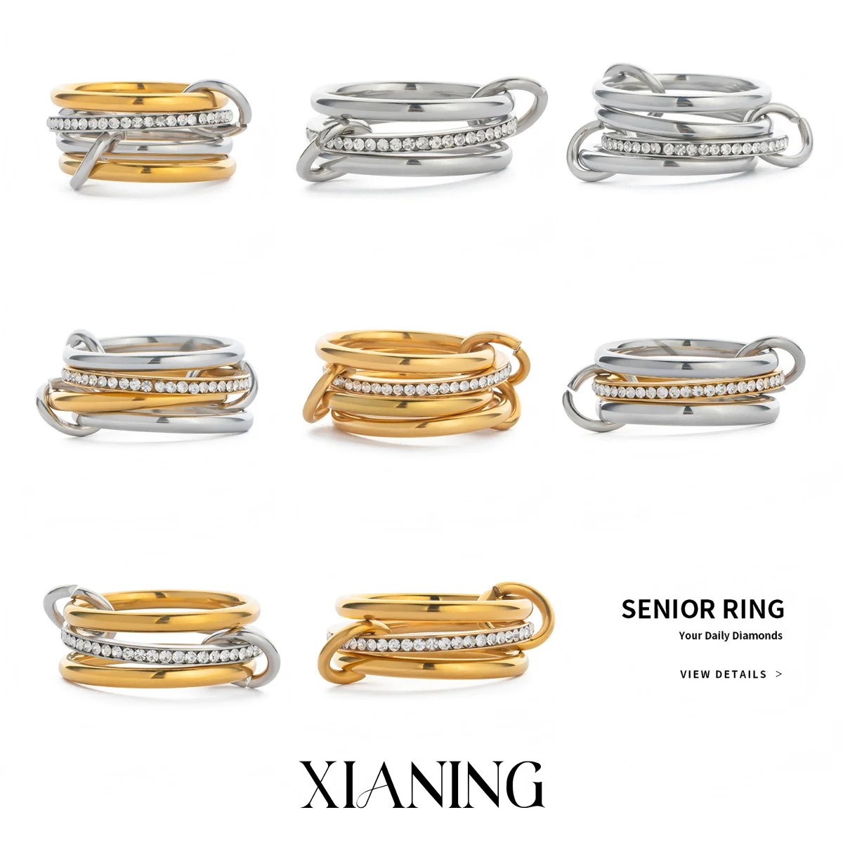 XIANING Size8 خاتم متعدد الطبقات من الفولاذ المقاوم للصدأ للنساء مطلي بالذهب عيار 18 قيراط مجوهرات عصرية مقاومة للماء