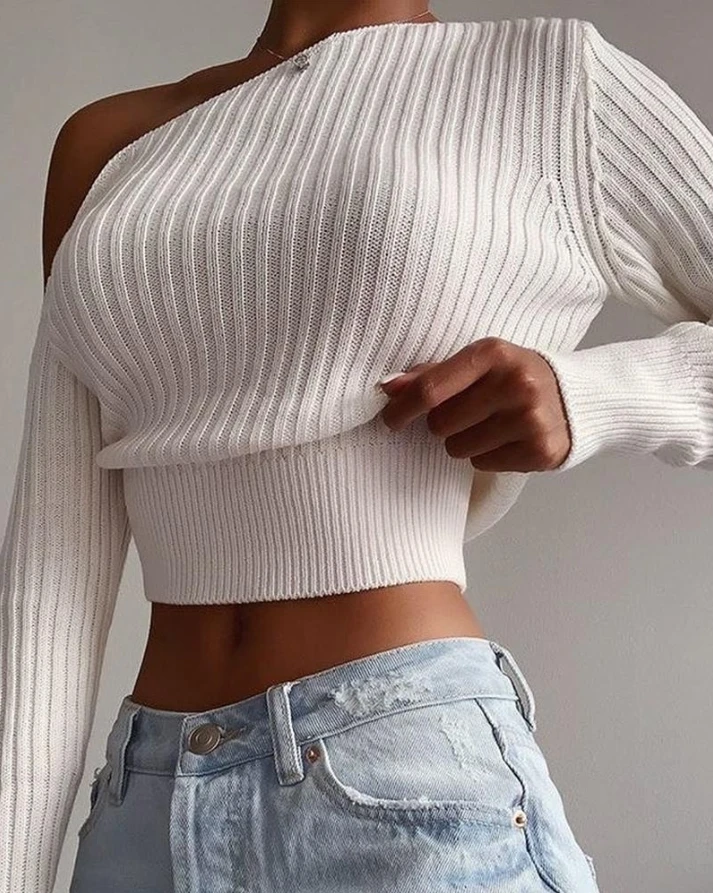 Sweater tren wanita, pesta Off Shoulder Sweater lengan panjang pendek 2024 awal musim semi terbaru Crop Top serbaguna Sweater ketat