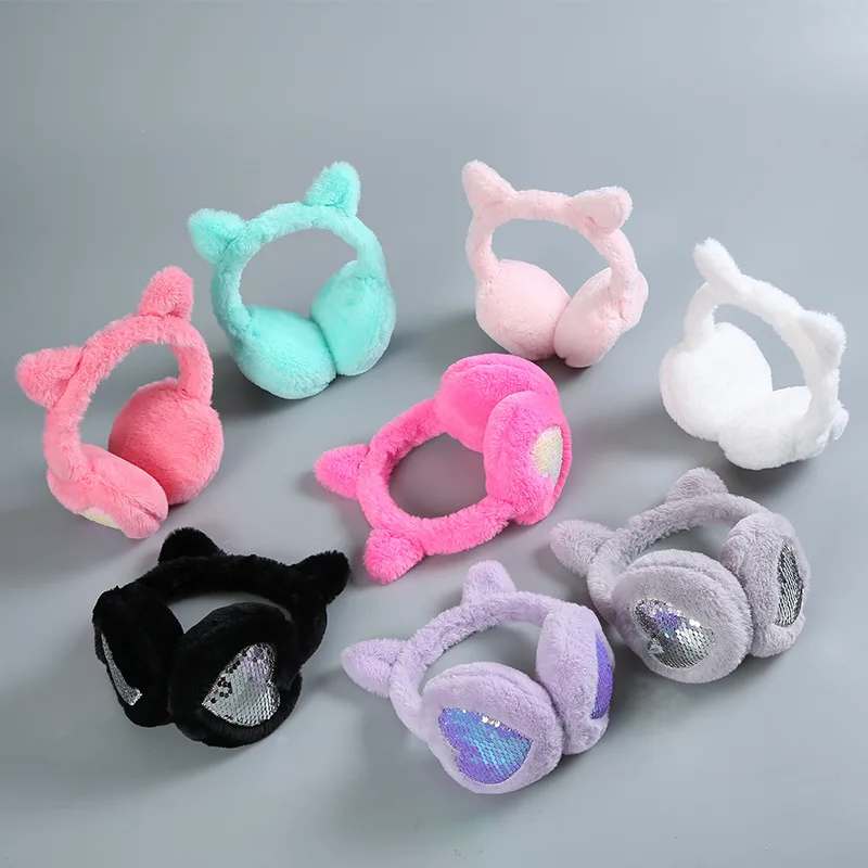 Soft Plush Cat Earmuffs para crianças, Orelha de lantejoulas brilhantes, Earmuffs quentes, Earflaps para crianças, aquecedor de ouvido ao ar livre,