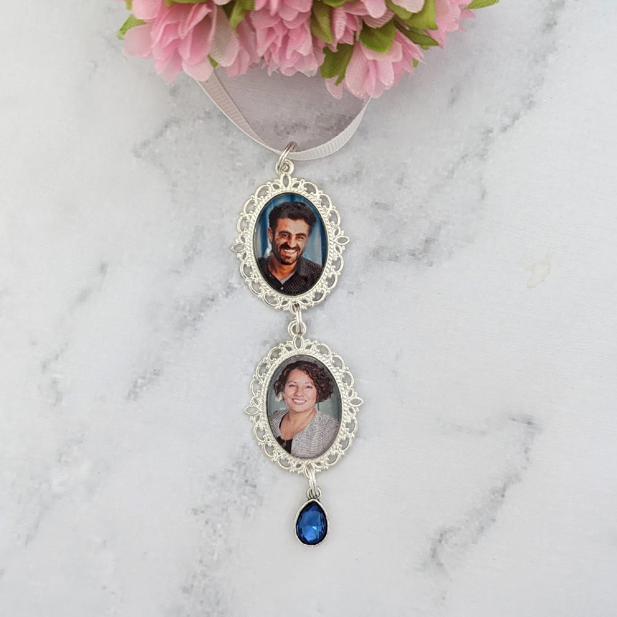 Custom Wedding Bouquet Memory Photo Charm, Something Blue Bridal Pendant, Memorial Keepsake for Bride