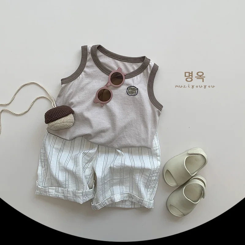 2024 Summer New Retro Children Vest Fashion Boy Girl Sleeveless Cotton T-shirt All-match Kid Letter Casual Tops Loose Baby Tees