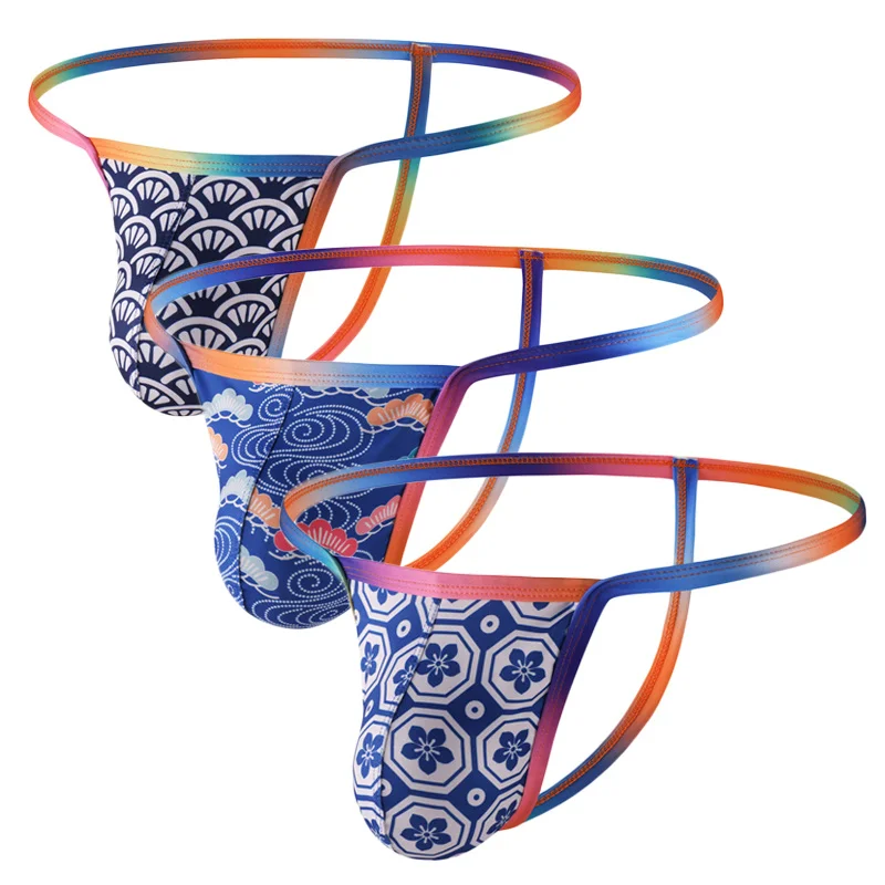 

3PCS Men Thongs Printed Sexy T Pants Simple Lingerie Jockstrap Panties Low Waist Thong Sissy Panties Jockmail Micro String