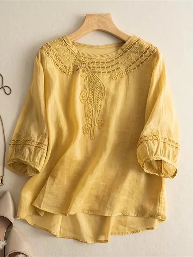 Zwaar borduurwerk linnen katoenmix dames irt zomer 2025, nieuwe artistieke retro losse pasvorm ronde ne katoenen linnen blouse