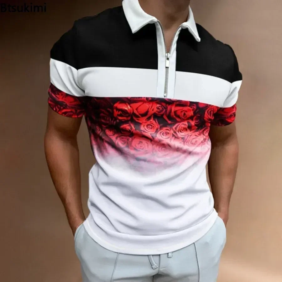 

New Men's Summer Polo Shirt Striped Plaid Print Short Sleeve T-shirt Man Casual Business Tops Half Zip Lapel Pullover Male