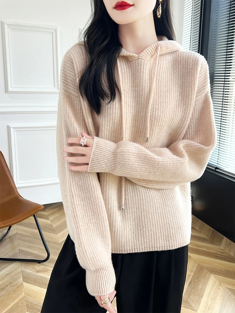 Women Autumn Winter Cashmere Sweater Soft Hooded Pullover 100% Merino Wool Knitwear Female Grace Casual Loose Knitting  New Top