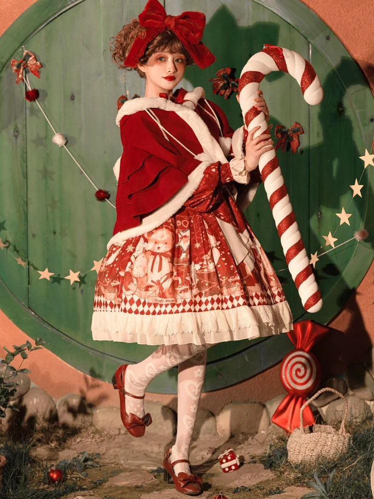 Coalfell Autumn/Winter OP Long Sleeved Lolita Dress Daily Cute Christmas Atmosphere Plush Cloak Coat New Year's Clothing