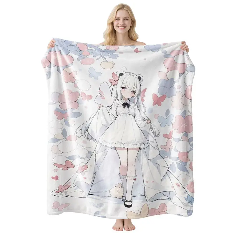 VIKAMA Anime Panda Girl Flannel Throw Blanket Pastel Butterfly Floral Print Soft Warm Teen Bedroom Sofa Home Decor