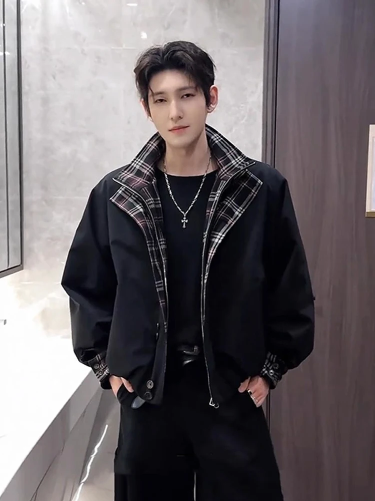 

Winter Faion Plaid Patchwork Stand Collar Loose Men's Jaet Trendy Brand High-End Feel Outerwear Casual Sle Urban Faion