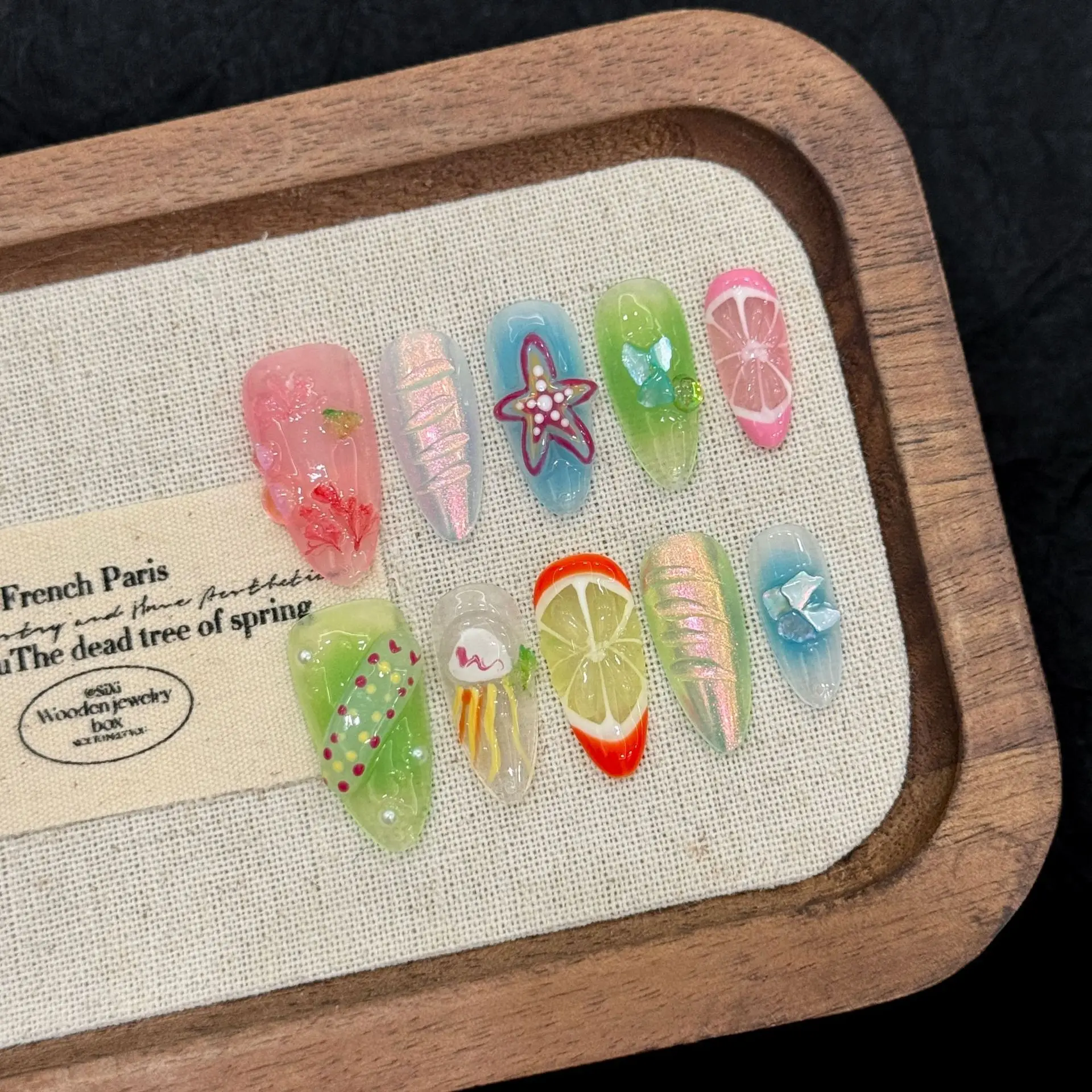 10 PCS Luxury Handmade Press on Nails Middle Almond Summer beach Design with 3-PIECE Tool Adhesive Nail Glue Tabs