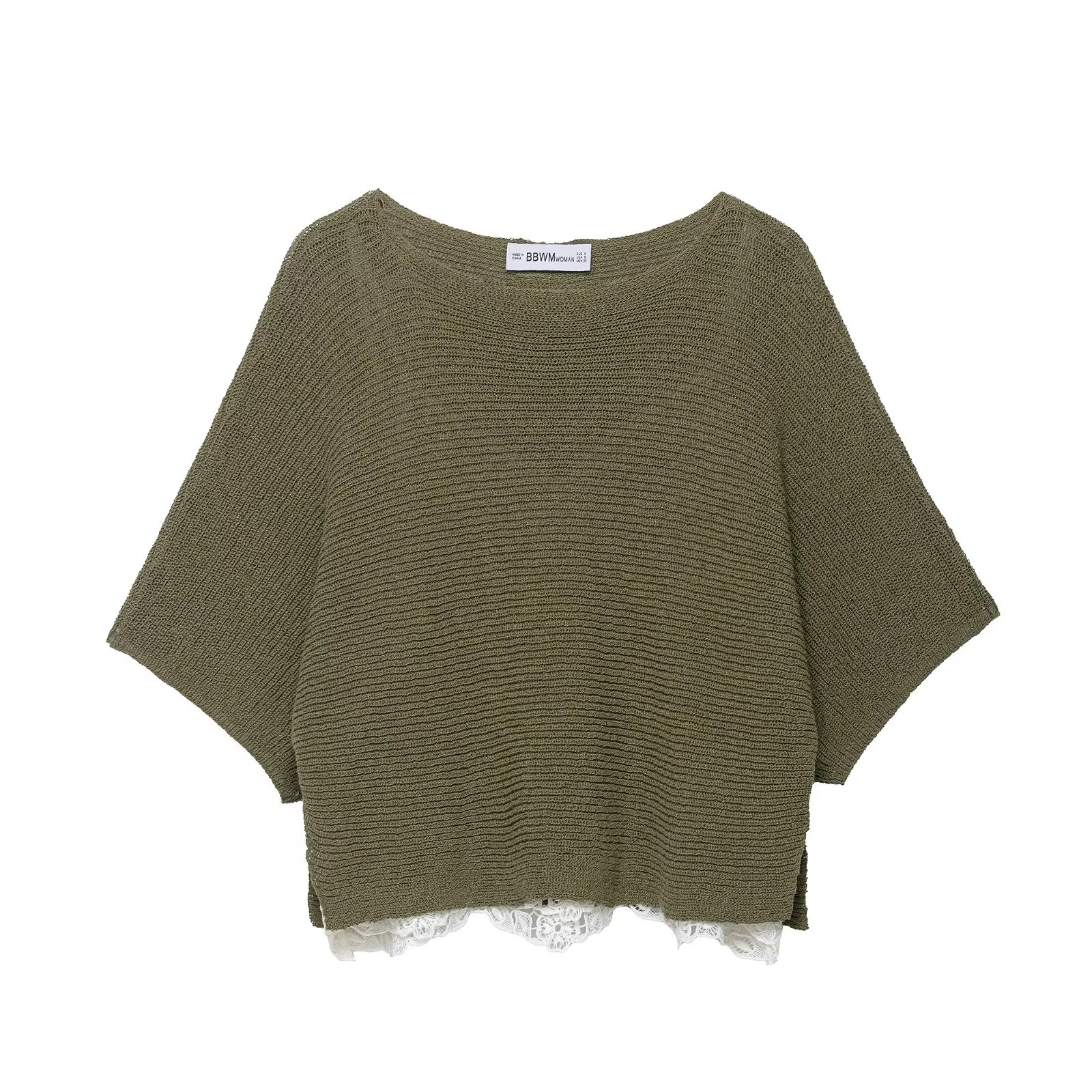 

2025 Autumn New Product Women's Short Sleeve Lace Splicing One Piece Neck Short Sleeve Knitted Shirt Horn Sleeve