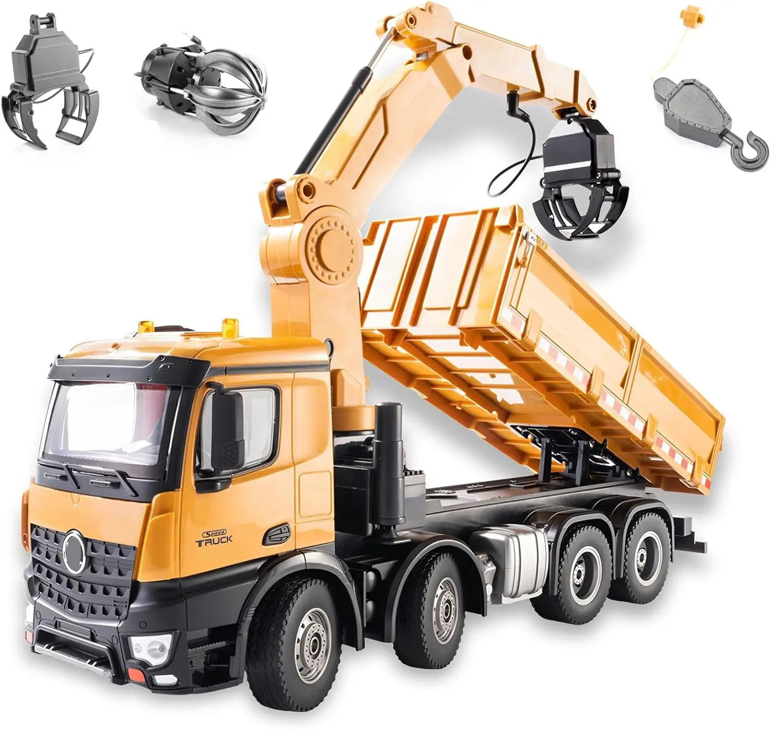 20-inch 3-in-1 Remote Control Dump Truck Wood Grabber 26 Channels 1/14 Ratio 6.6 lb Load Capacity Remote Control Heavy Metal Con
