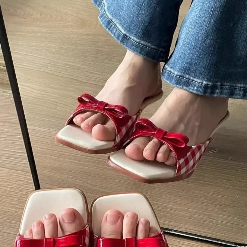 Design Shoes Retro Plaid Bow Sandals Kitten Heels French Style Peep Toe Shoes Mixed Color Sweet and Cute Women\'s Vocation Shoes