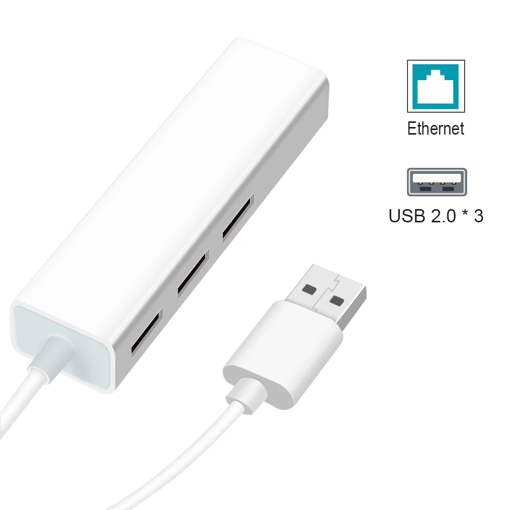 USB Ethernet with 3 Port USB HUB 2.0 RJ45 Lan Network Card USB to Ethernet Adapter for Mac iOS Android PC RTL8152 USB 2.0 HUB