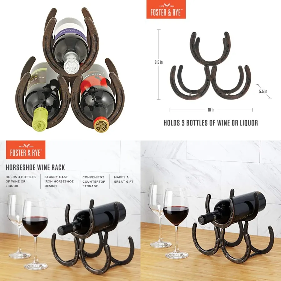 

Horseshoe Countertop Wine Rack, Cast Iron 3-Bottle Wine Holder, Rustic Metal Storage Rack for Kitchen, Home Bar, Tabletop Displ