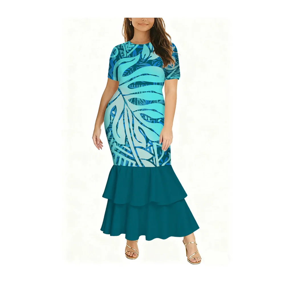 فستان ذيل السمكة برقبة دائرية وأكمام قصيرة مناسب للنساء فستان حفلات عالي الجودة مصنوع حسب الطلب من بولينيزيا