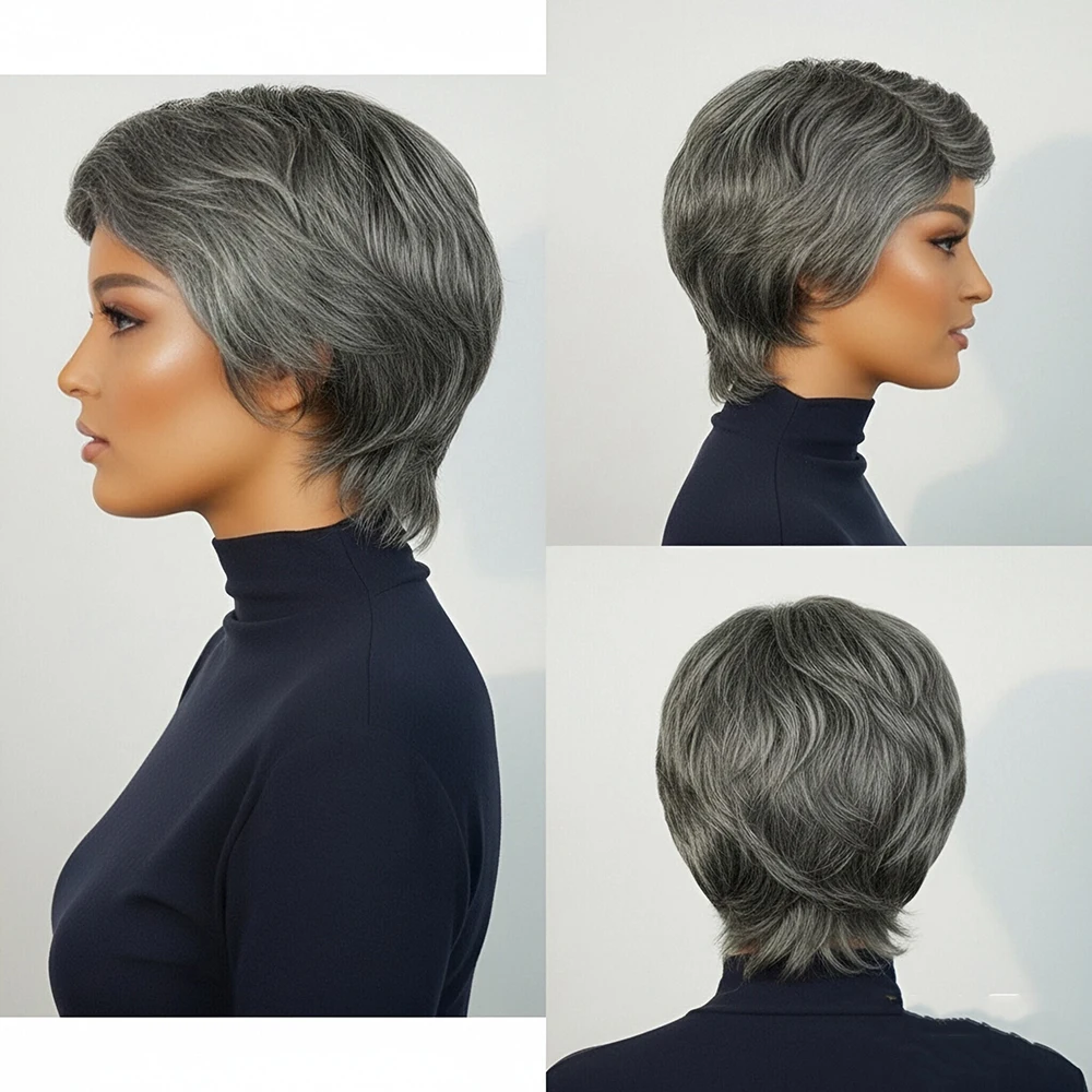 رمادي قصير عابث قطع شعر مستعار إصبع موجة خصلات الشعر المستعار الإنسان مع خط الشعر قبل قطعها للنساء شعر برازيلي كامل آلة صنع شعر مستعار #3