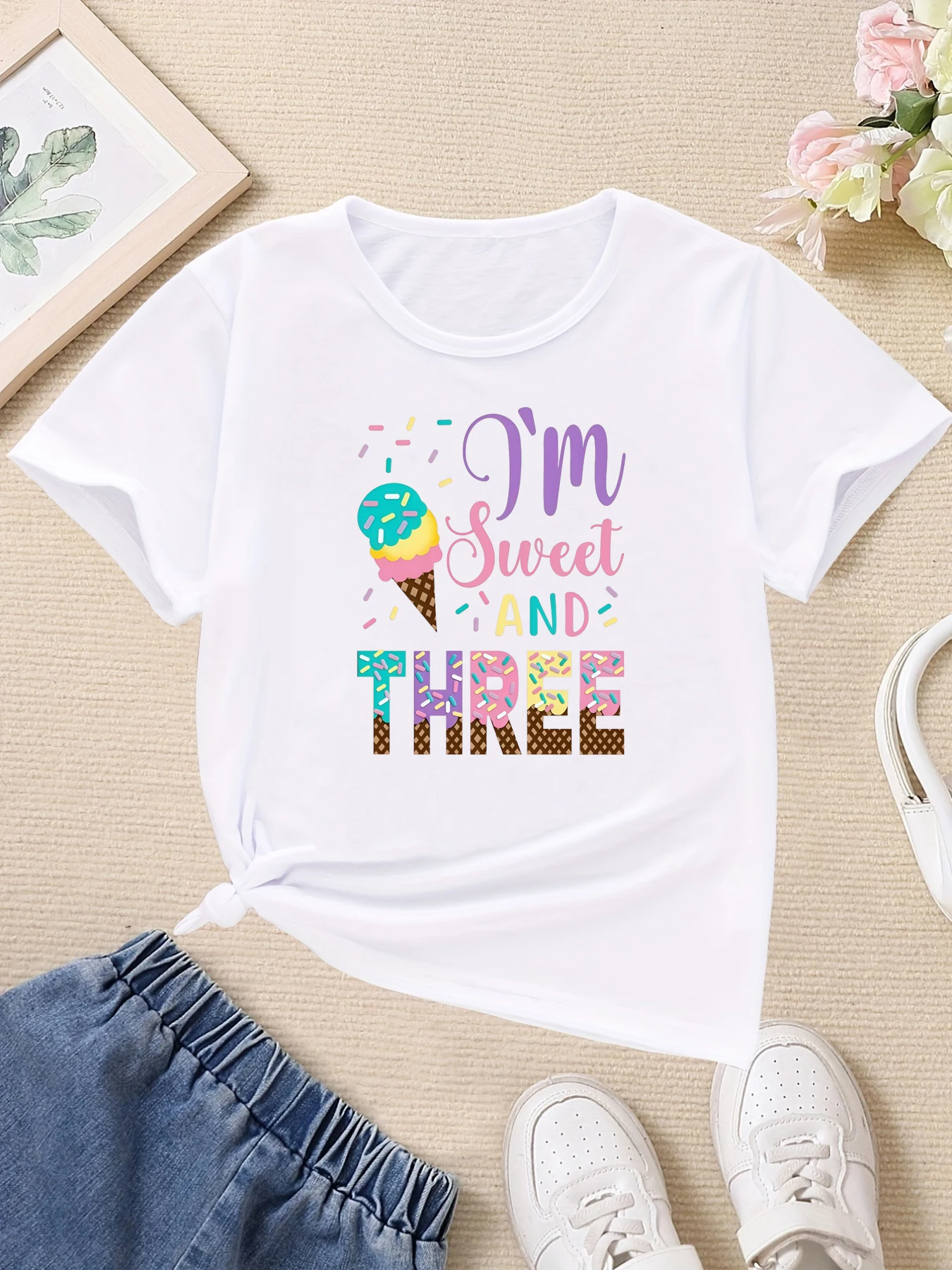 I Am Sweet And Three Ice Cream Printed T Shirt Girls 3rd Birthday Gift T-Shirt The Best Birthday Gift T-Shirt Kids Clothes