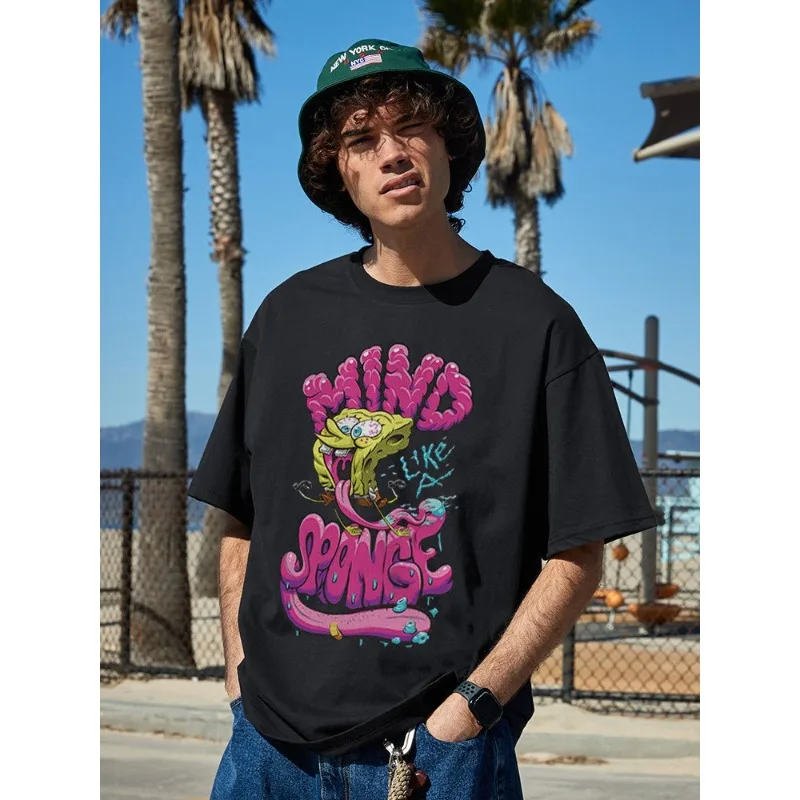 Men's T-shirt with Graffiti Style Graphic on The Front Featuring The SpongeBob SquarePants Theme 